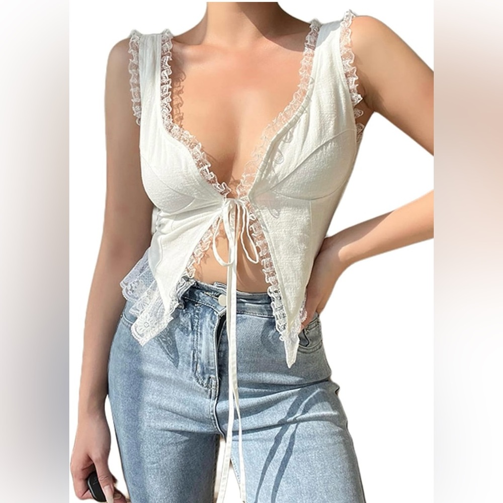 *NWT* Remidoo Women's Lace Trim Open Front Self Tie Cami Crop Top